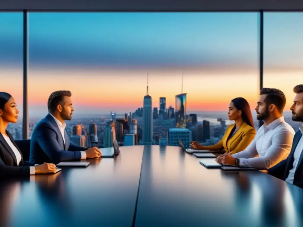 Inversores inmobiliarios analizan tendencias de mercado en mesa futurista Inversores inmobiliarios en crisis analizando tendencias de mercado en una sala futurista con vista a la ciudad al atardecer