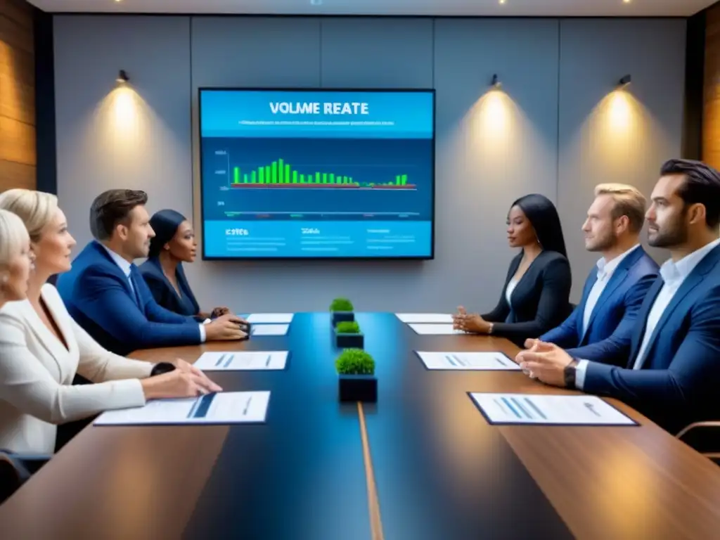 Inversores inmobiliarios analizan tendencias globales en sala de reuniones moderna Inversores inmobiliarios diversificados discuten estrategias para aumentar retorno inversiones inmobiliarias en sala de juntas moderna