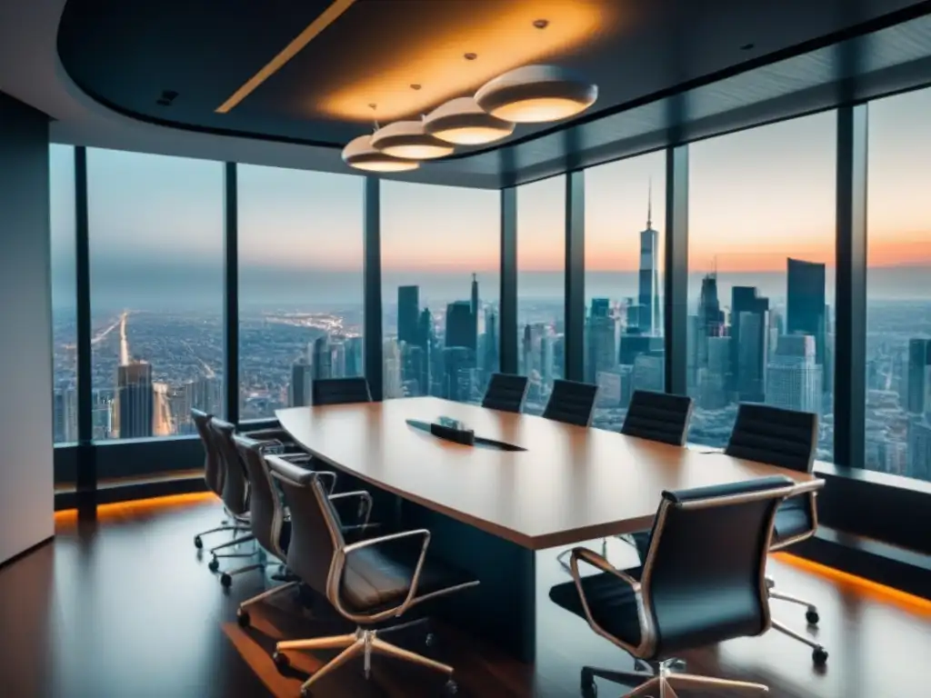 Inversores inmobiliarios internacionales en trampas legales, reunidos en lujosa sala de juntas con vista a la ciudad