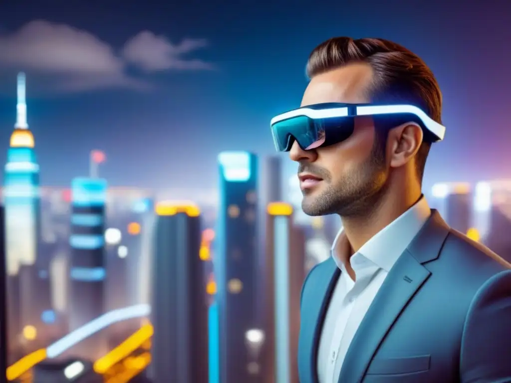 Inversores inmersos en la realidad aumentada de la ciudad del futuro Inversores exploran inmuebles globales en una ciudad futurista con realidad aumentada