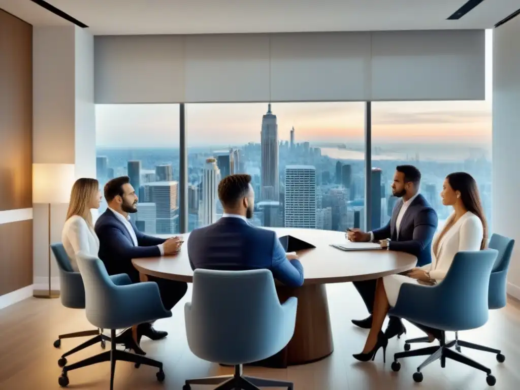 Inversores internacionales revisan planos en ultradetallada imagen 8k Inversores internacionales discuten diseños arquitectónicos en moderna sala de juntas con vista a la ciudad