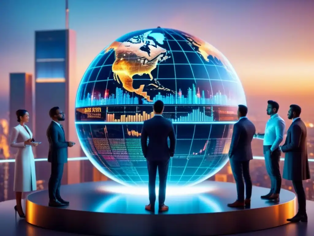 Inversores internacionales discuten estrategias frente a globo holográfico futurista y gráficos de divisas: innovación financiera mundial Inversores internacionales debatiendo estrategias frente a un globo holográfico, con gráficos de monedas digitales y rascacielos
