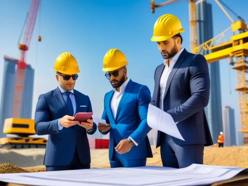 Inversionistas internacionales analizan proyecto de rascacielos Inversores internacionales discuten estrategias en obra de rascacielos, rodeados de grúas, simbolizando inversión global en inmobiliaria