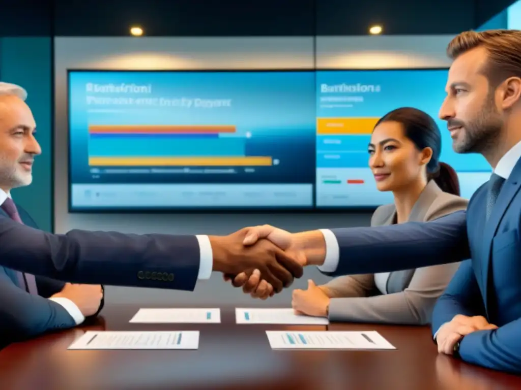 Acuerdo internacional en sala de juntas: diversidad y confianza Inversores internacionales y funcionarios gubernamentales colaborando en una sala moderna y luminosa