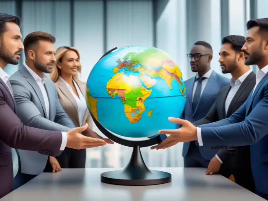 Inversores internacionales debatiendo sobre propiedad global Inversores internacionales dialogan alrededor de un globo detallado, representando la complejidad de los Derechos de propiedad en inversiones