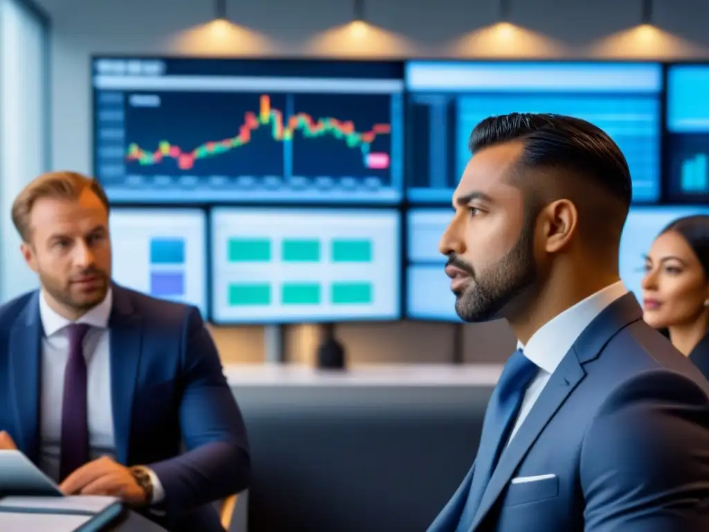 Inversores internacionales en reunión financiera global Diversos inversores internacionales analizan gráficos financieros en una oficina moderna, reflejando el impacto del Brexit en hipotecas