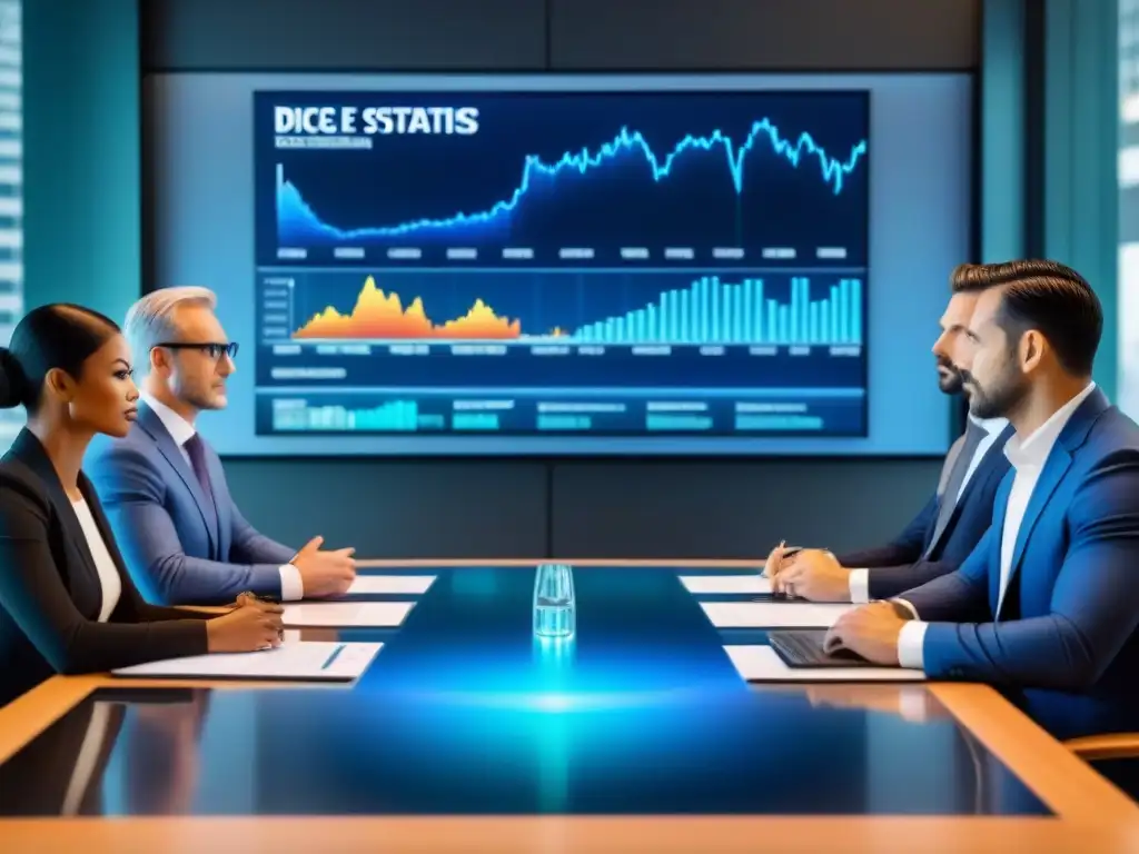 Inversores internacionales analizan gráficos de mercado en sala de reuniones futurista