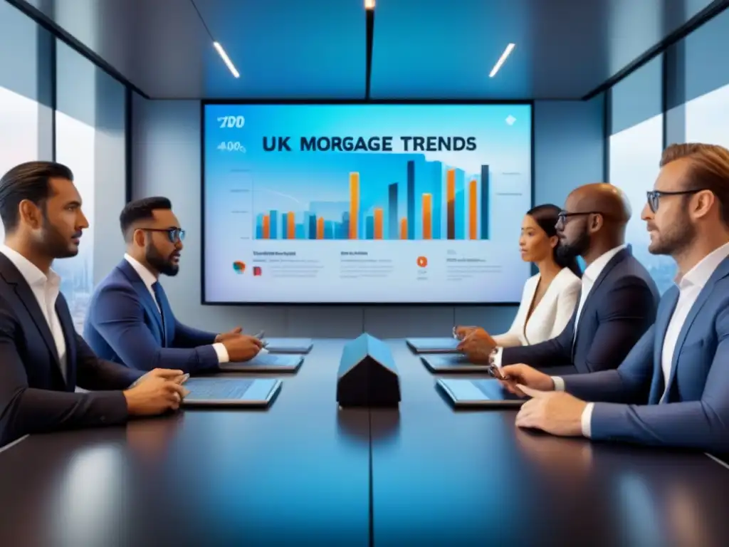 Inversionistas globales analizan tendencias hipotecarias postBrexit Inversores internacionales discuten el impacto del Brexit en hipotecas en moderna sala de juntas futurista