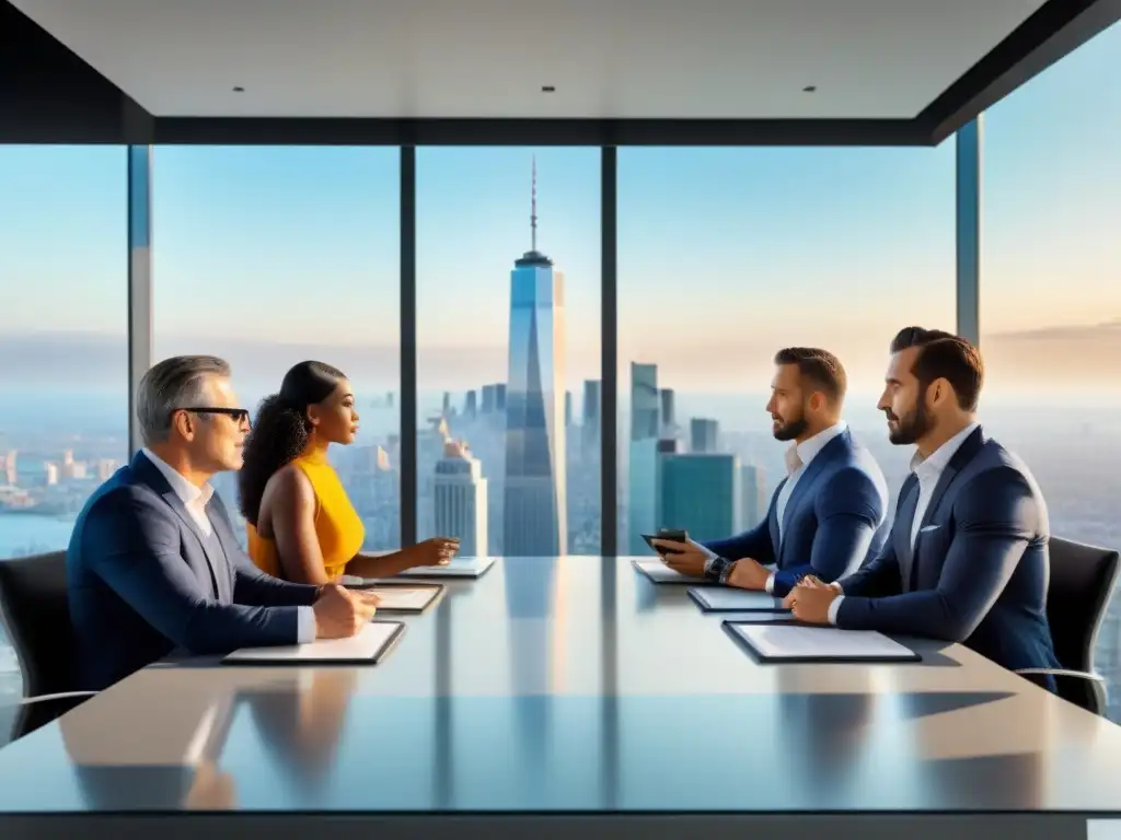 Inversores inmobiliarios internacionales en reunión de alto nivel Inversores internacionales realizando Due Diligence inmobiliaria en moderna oficina con vista panorámica
