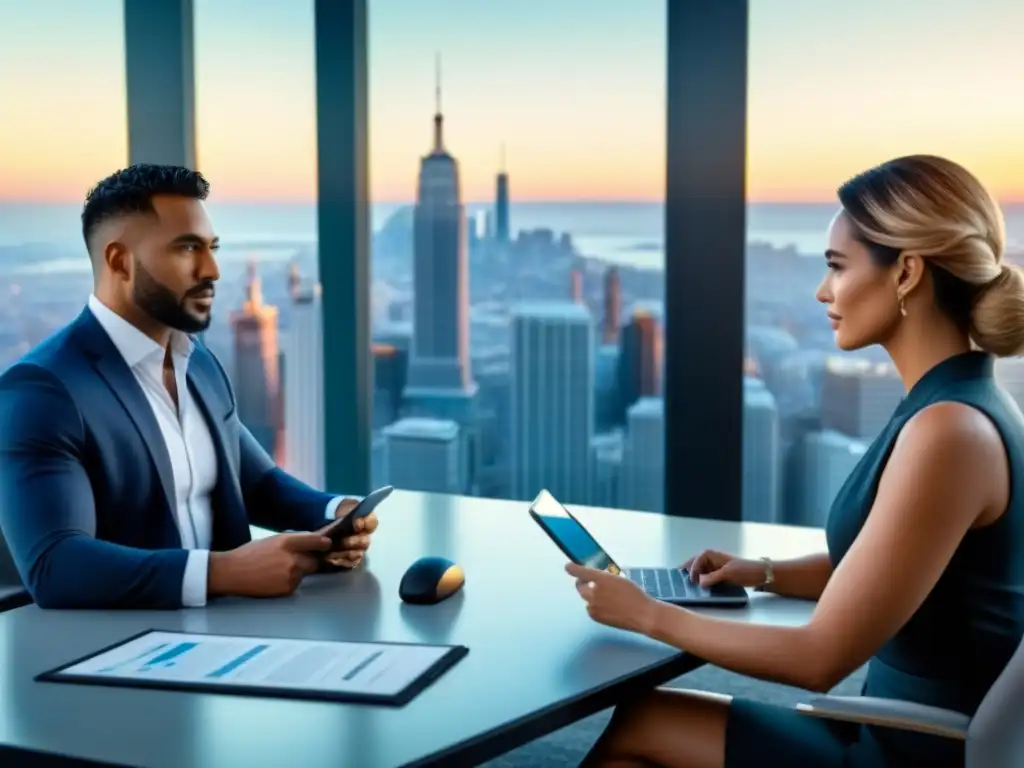 Inversores internacionales en sala de juntas de lujo negociando en mercado inmobiliario de Norteamérica Inversores internacionales negociando en moderna sala con vista a la ciudad