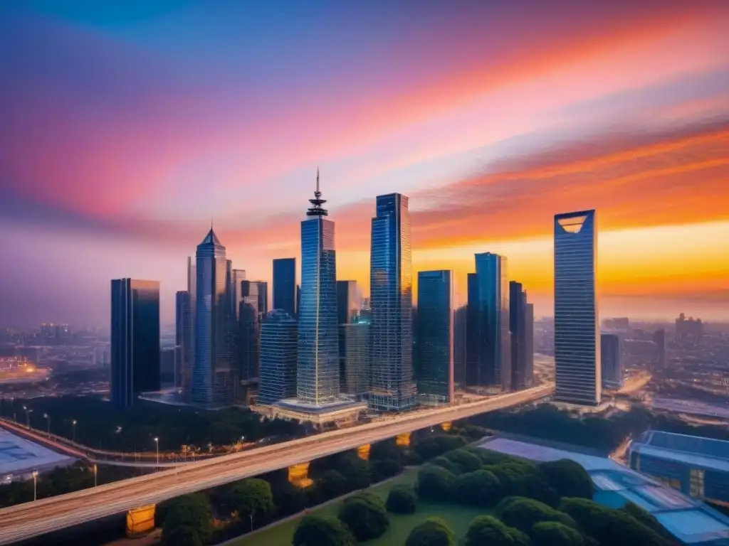 Horizonte urbano moderno en atardecer vibrante Inversores internacionales encuentran oportunidades en el financiamiento de propiedades comerciales