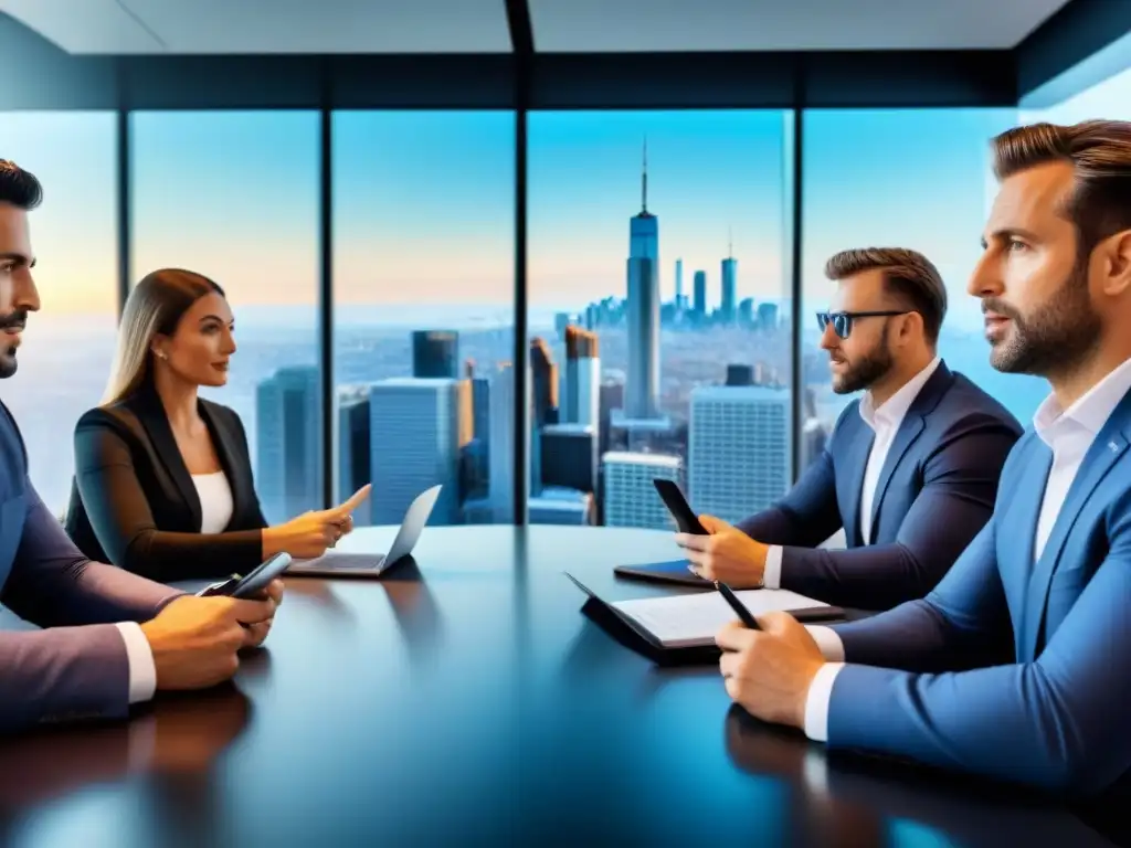 Inversores inmobiliarios internacionales en reunión de alto nivel Inversores internacionales discuten oportunidades de inversión en moderna sala de juntas con vista a la ciudad