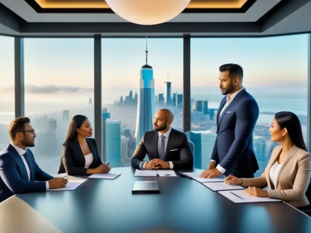 Inversores internacionales analizan oportunidades inmobiliarias globales Inversores internacionales analizando planos inmobiliarios en moderna sala de reuniones con vista a la ciudad