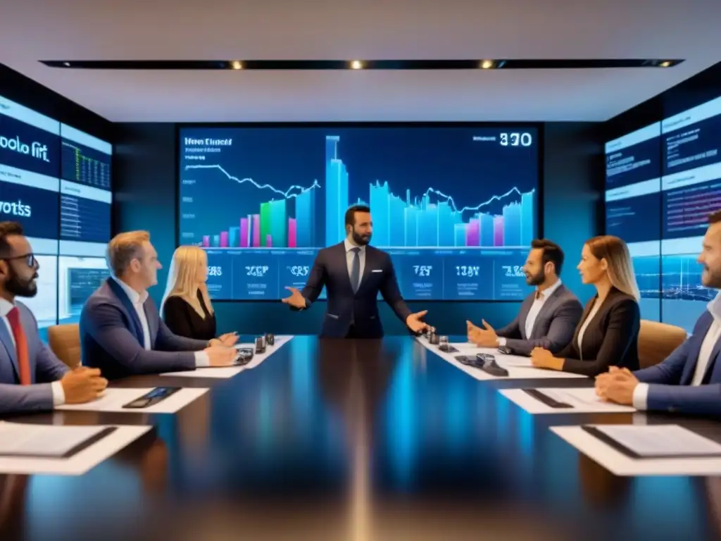 Inversores internacionales en reunión estratégica de bienes raíces Inversores internacionales en reunión de alto nivel, rodeados de tecnología y gráficos del mercado inmobiliario global