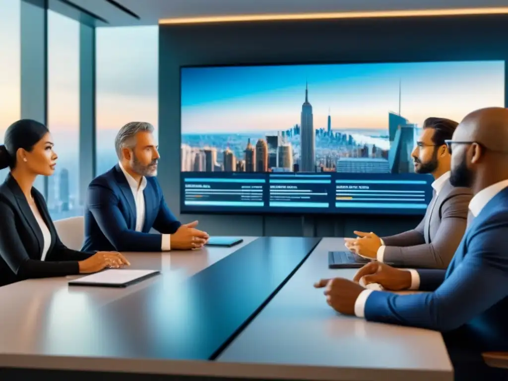 Inversores inmobiliarios internacionales en reunión estratégica Inversores internacionales gestionando riesgo en inmobiliarias frente a holograma global en boardroom moderno