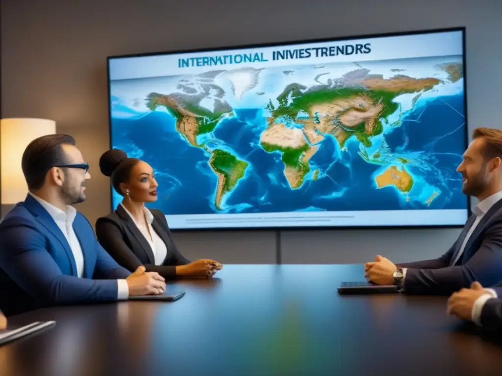 Inversores globales analizan tendencias inmobiliarias Inversores internacionales en sala de juntas moderna, analizando tendencias globales del mercado inmobiliario