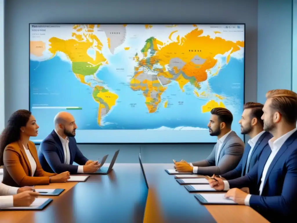 Inversores globales analizan regulaciones europeas de alquiler Inversores internacionales en sala de juntas moderna discuten regulaciones alquiler Europa con experto inmobiliario