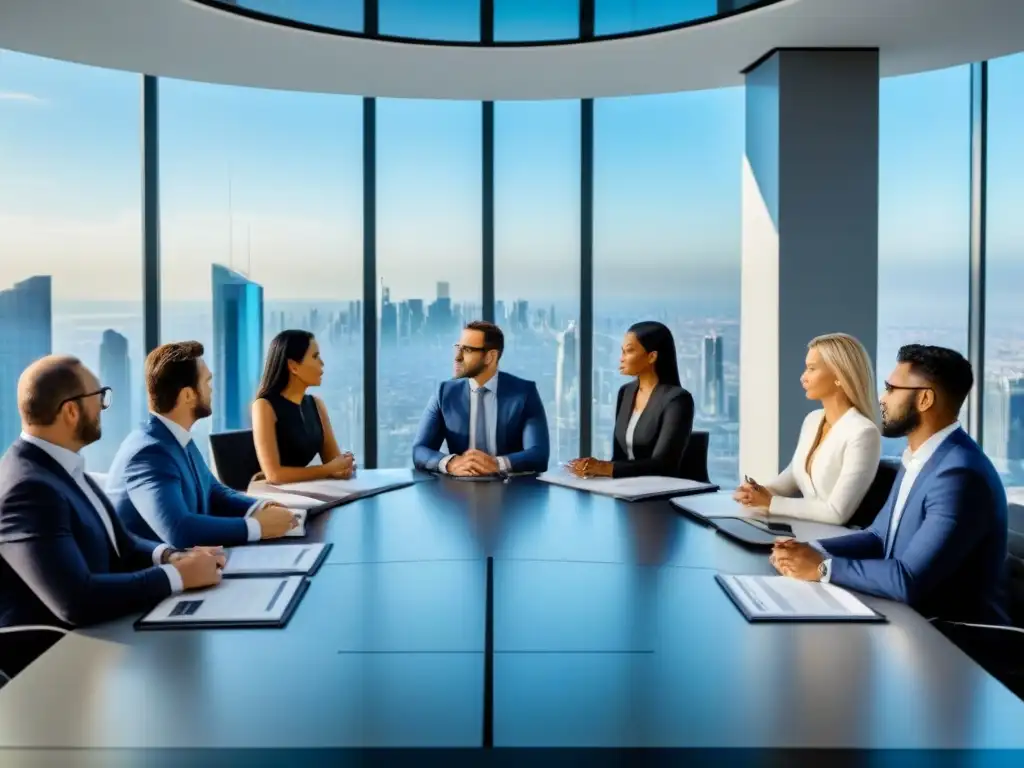 Inversores internacionales discuten trampas legales en moderno salón con vista a la ciudad