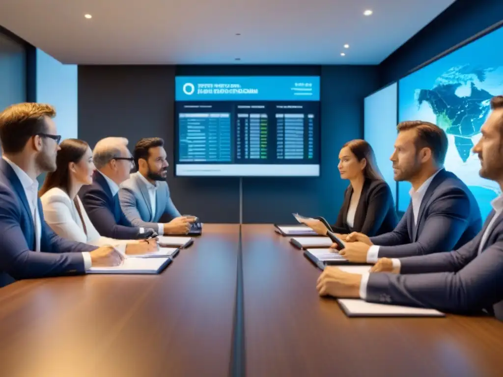 Inversores internacionales en reunión de crowdfunding inmobiliario Inversores internacionales discuten ventajas del crowdfunding inmobiliario internacional en moderna sala de juntas