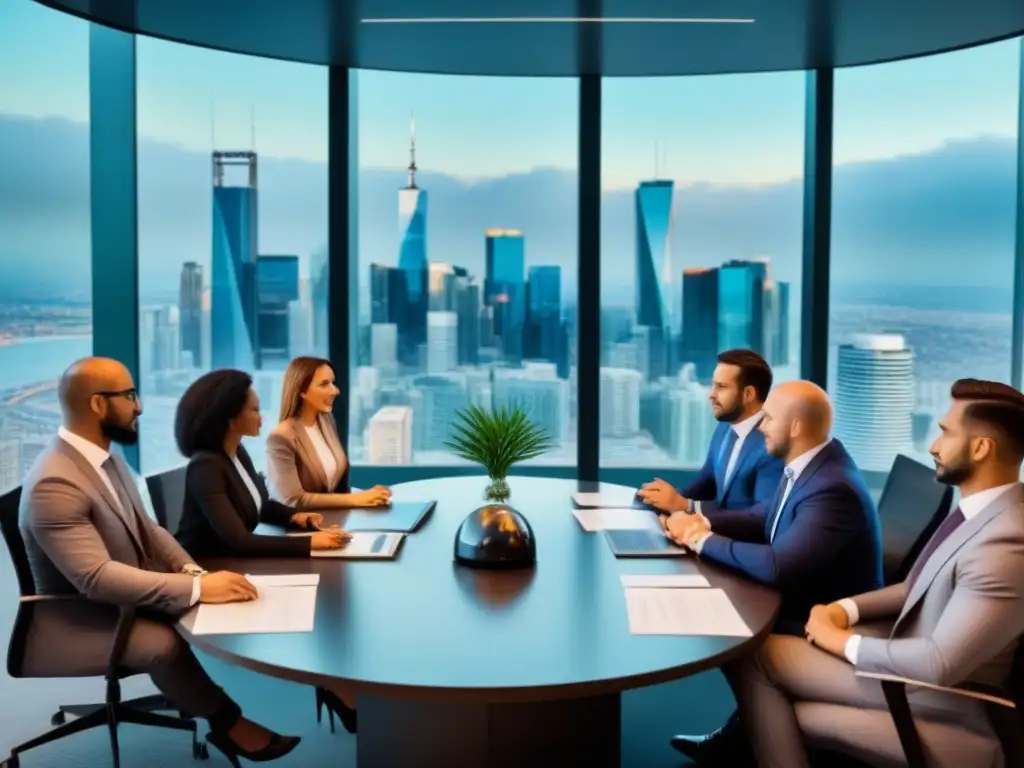 Inversores discuten inversiones inmobiliarias en boardroom moderno Inversores discutiendo inversiones inmobiliarias en moderna sala de juntas con vista panorámica de la ciudad y pantalla de monedas locales