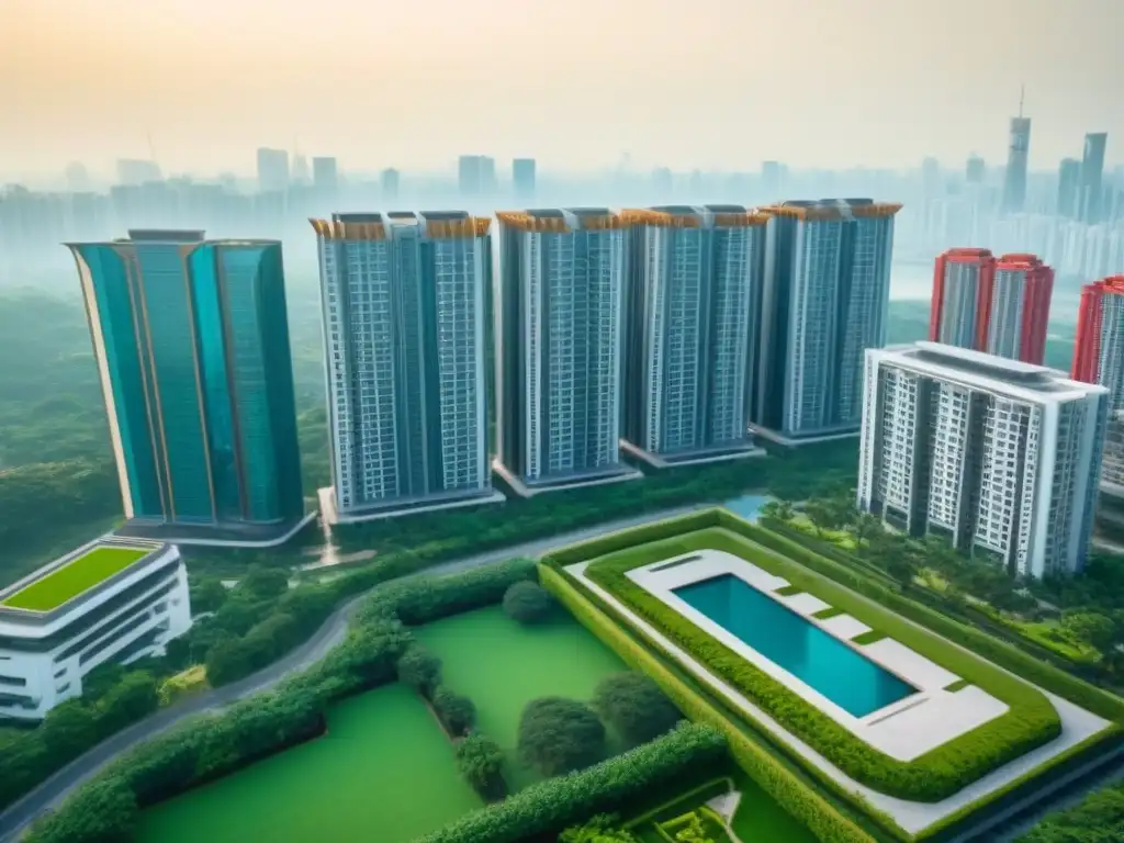 Propiedad de lujo en ciudad asiática: vista aérea detallada Inversores se maravillan con lujo de propiedad en Asia, entre rascacielos y jardines exuberantes