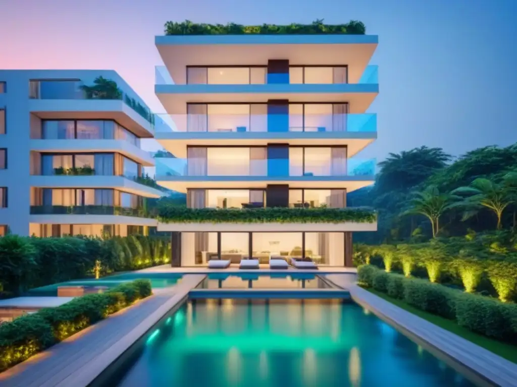 Residencial de lujo al anochecer: arquitectura moderna con vistas panorámicas a la ciudad Inversores disfrutan de lujoso edificio residencial al anochecer, rodeado de vegetación y piscina reluciente
