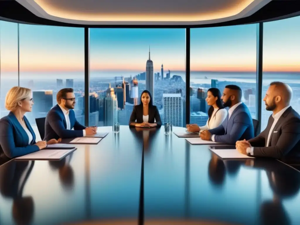 Inversionistas inmobiliarios internacionales en reunión estratégica Inversores del mercado inmobiliario internacional debaten estrategias en una moderna sala de juntas con vista a la ciudad