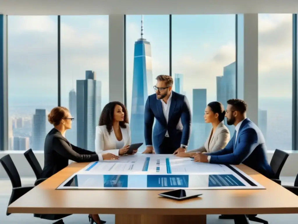 Inversores globales planeando inversiones inmobiliarias frente a una ciudad impresionante Inversores del mercado inmobiliario internacional planeando estrategias en una sala con vista a la ciudad