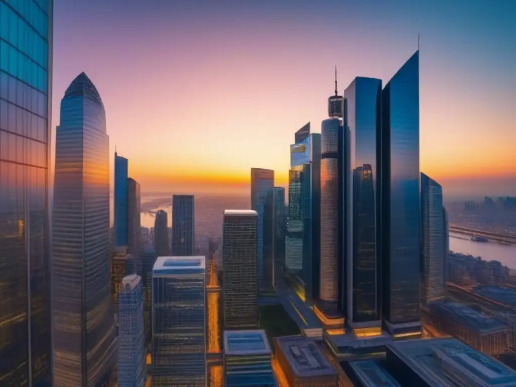 Anochecer en distrito financiero: profesionales y datos Inversores del mercado inmobiliario internacional en vibrante distrito financiero al atardecer