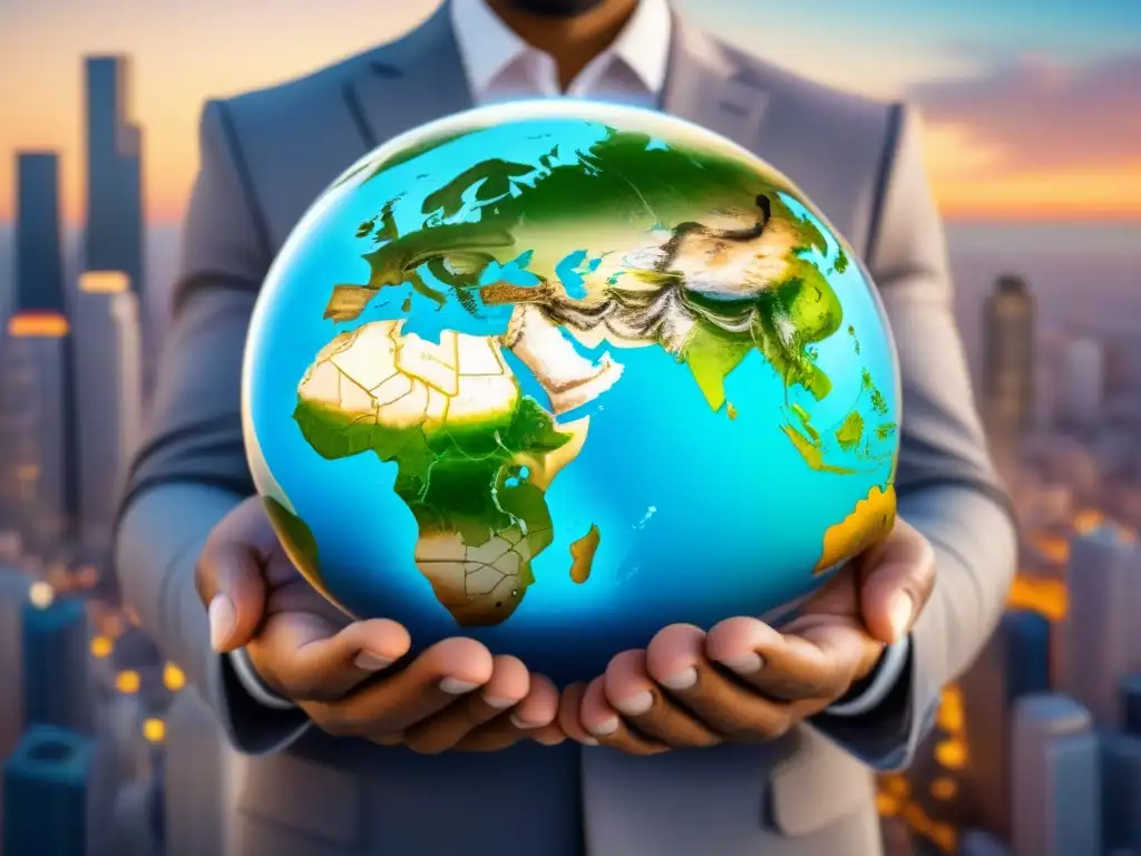 Inversores globales de real estate en ilustración ultradetallada Inversores de todo el mundo reunidos alrededor de un globo digital, simbolizando el alcance global del crowdfunding inmobiliario