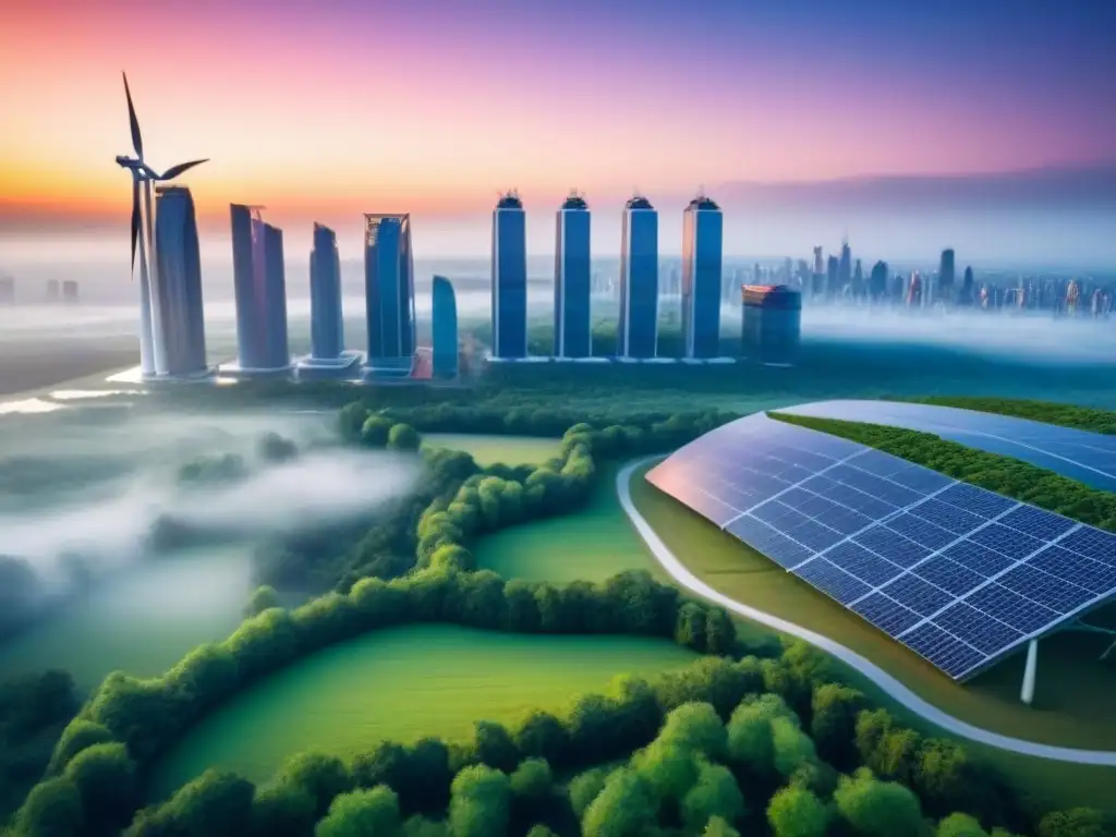 Inversores globales en ciudad sostenible: futuro verde 8k Inversores discuten normativas ambientales en ciudad futurista sostenible al amanecer