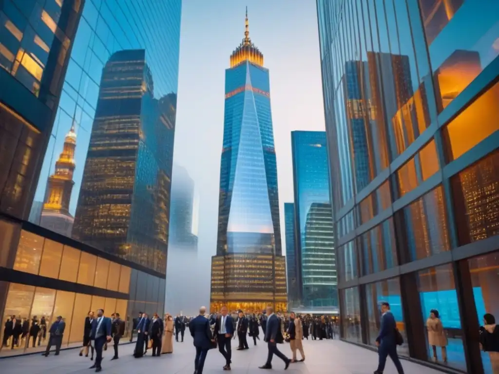 Skyscraper moderno en distrito financiero internacional Inversores debatiendo opciones financiamiento inmobiliario internacional en distrito financiero global innovador
