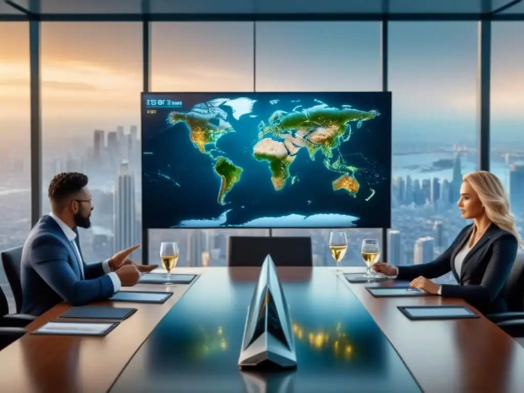Inversionistas internacionales en sala de juntas ultramoderna Inversores analizan oportunidades de invertir en bienes raíces internacionales en moderna sala de juntas con vista a la ciudad