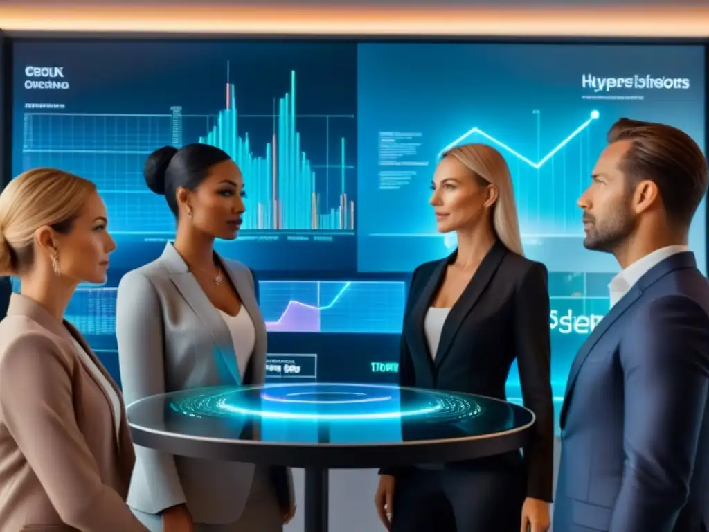 Expertos inversionistas analizan datos inmobiliarios futuristicos Inversores profesionales analizan datos de alquileres inmobiliarios en moderno entorno