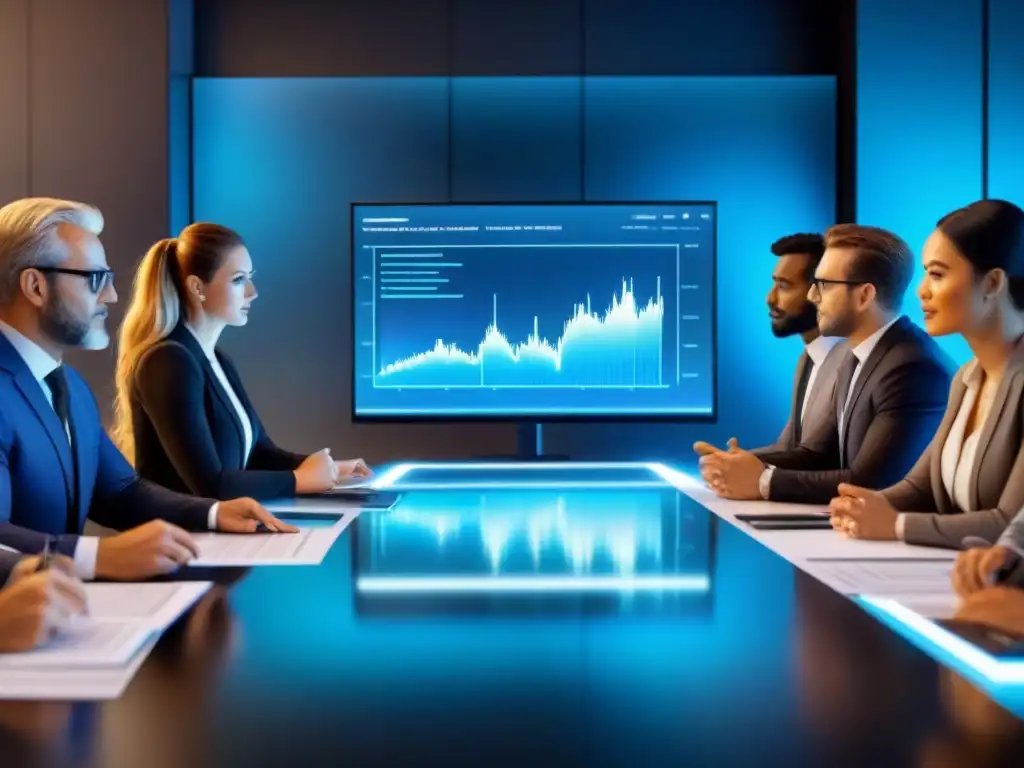 Inversores profesionales diversificados discuten estrategias en una sala futurista con gráficos holográficos