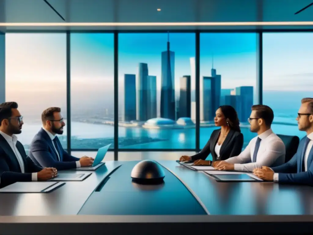 Inversores modernos debaten estrategias de inversión futuristas Inversores profesionales debaten estrategias de inversión en mesa moderna con vista a la ciudad