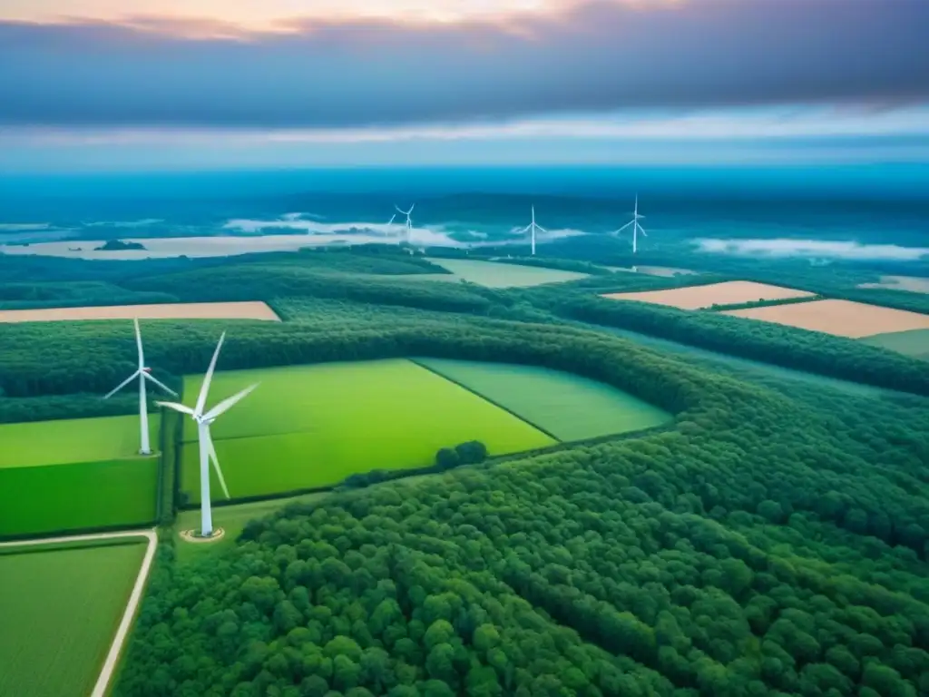 Parque eólico en paisaje rural: sostenibilidad en América del Norte Inversores financian proyectos en zonas rurales con molinos de viento generando energía renovable en Norteamérica