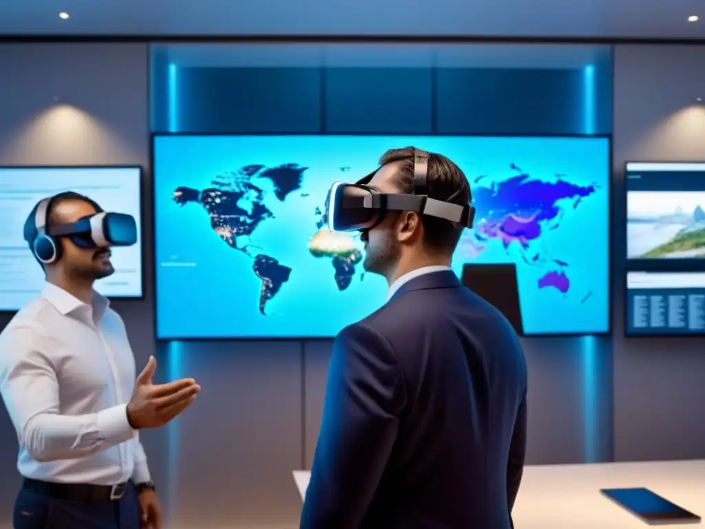 Inversores en VR: sala de juntas futurista Inversores en sala de juntas futurista con Realidad virtual mercado inmobiliario