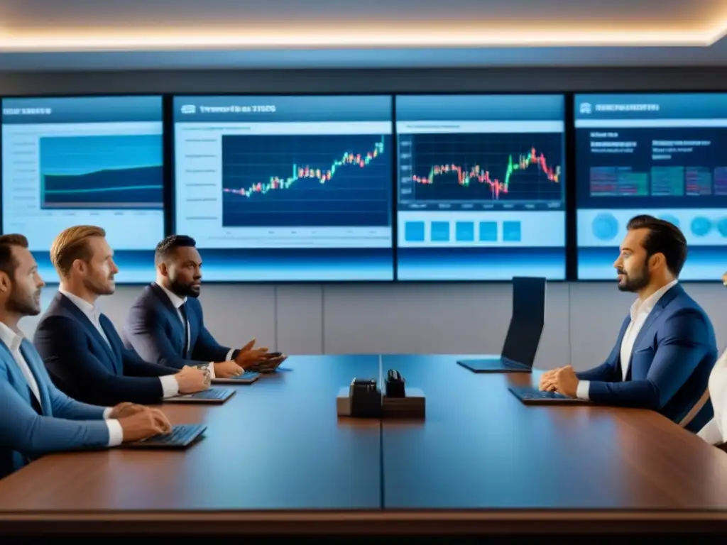 Inversores expertos debaten oportunidades inmobiliarias en mercado emergente Inversores en sala de juntas moderna, analizando oportunidades en mercados inmobiliarios emergentes bajo riesgo