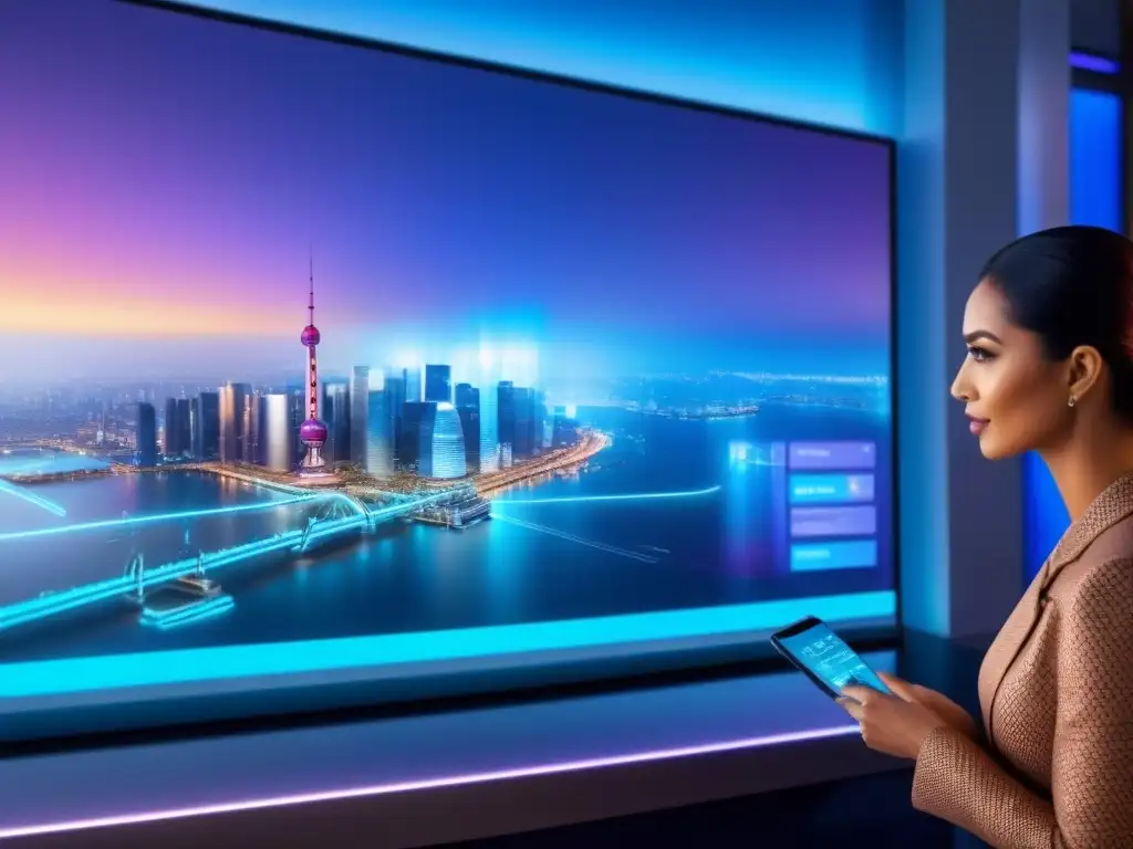 Inversores analizando tendencias del mercado inmobiliario global con tecnología futurista