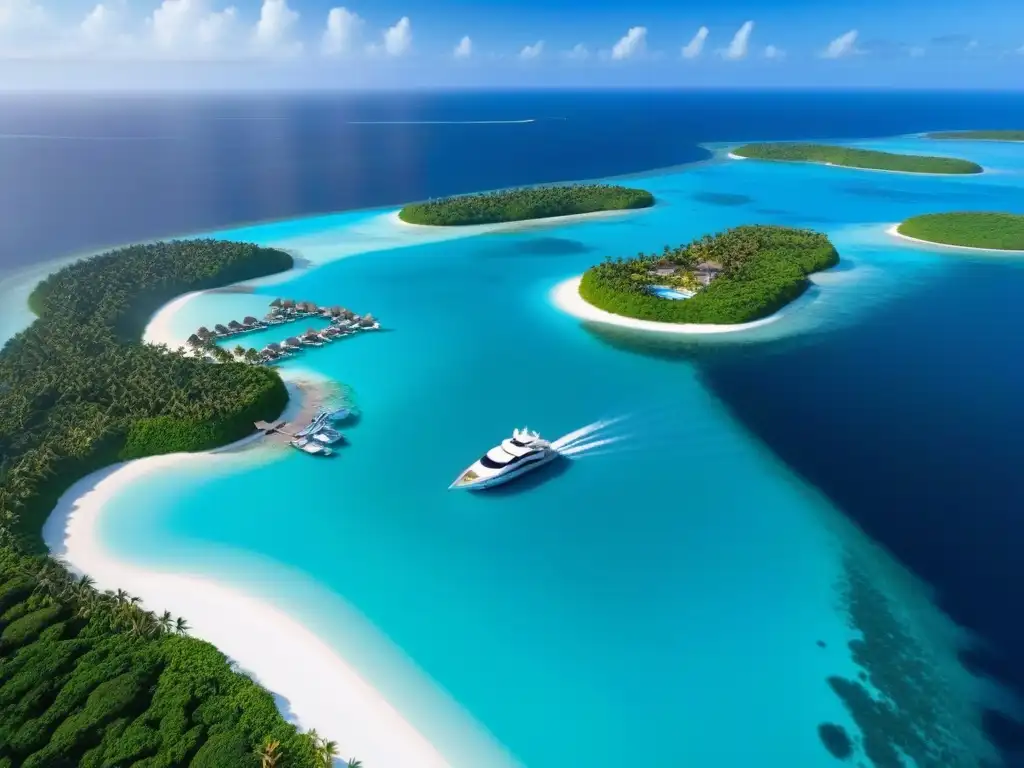 Paraíso privado: isla de lujo con villas y marina exclusiva Invertir en isla privada: Océano turquesa rodeando una isla lujosa con villas, playas y yates al atardecer