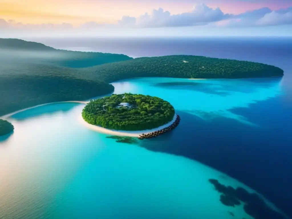 Paraíso privado: isla de lujo con arquitectura moderna y yate al atardecer Vivir en una isla privada: mansión de lujo con muelle yate, entorno paradisíaco al atardecer
