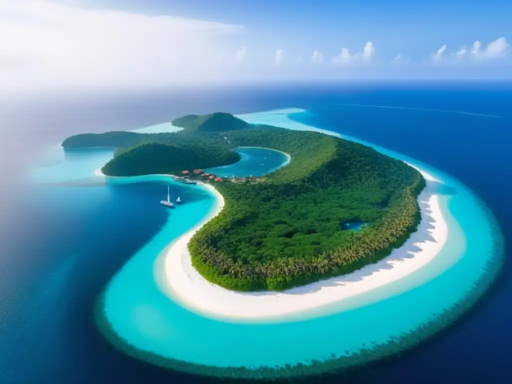 Paraíso privado: isla exclusiva con villas de lujo y aguas turquesas Invertir en isla privada: Vista aérea de una isla privada rodeada de aguas turquesas, villas de lujo y playa de arena blanca