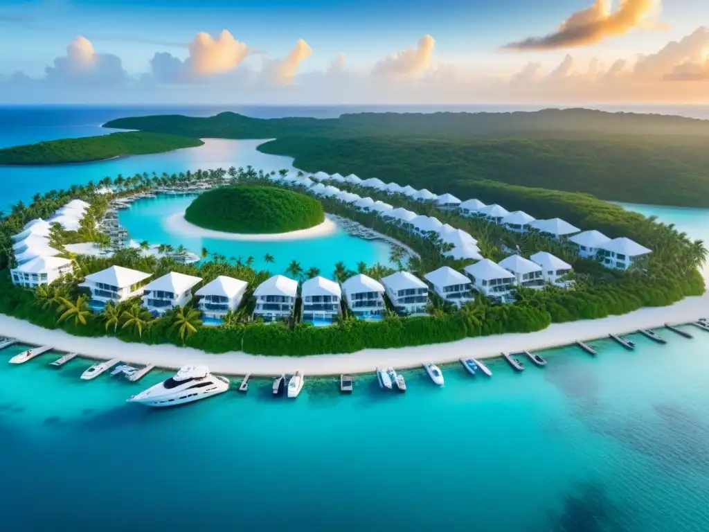 Paraíso exclusivo: Isla privada de lujo al atardecer Invertir en isla privada: Atardecer dorado sobre isla privada con villas, vegetación exuberante y yate en puerto deportivo