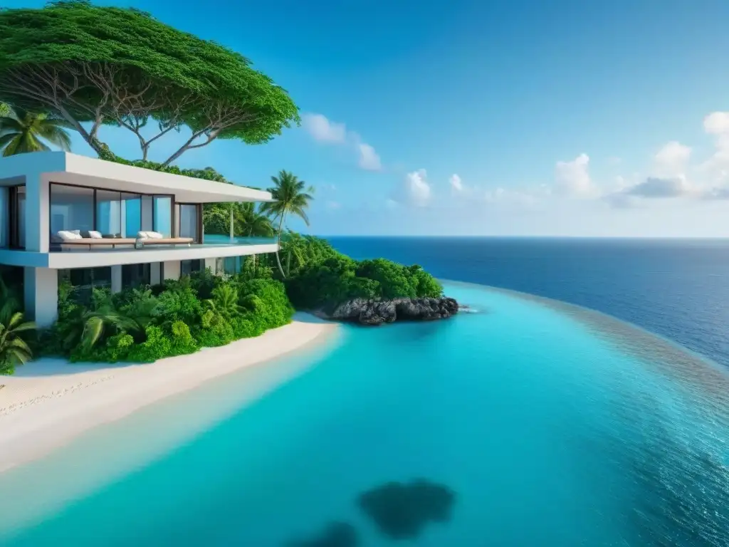 Una isla privada de lujo con aguas turquesas cristalinas, rodeada de exuberante vegetación y playas de arena blanca impecable
