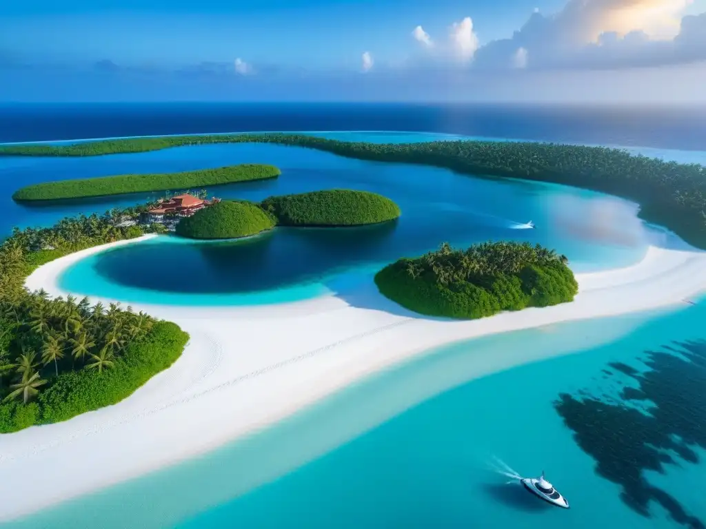 Paraíso privado: isla de lujo con villas, playas y helicóptero Invierte en isla privada: lujo, exclusividad y paraíso en un atardecer dorado desde el aire