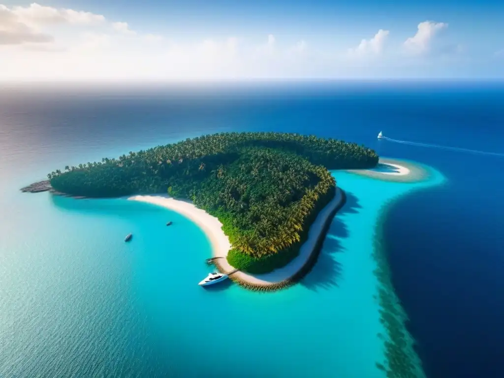 Paraíso privado de lujo en isla exclusiva con yate de alta velocidad Vivir en una isla privada: yate de lujo en marina moderna con aguas turquesa y palmeras verdes