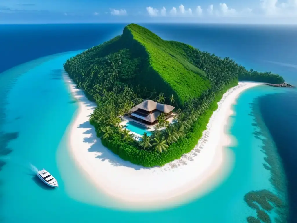 Una isla privada de lujo rodeada de aguas turquesa, con villas modernas, vegetación exuberante y un yate privado en la playa