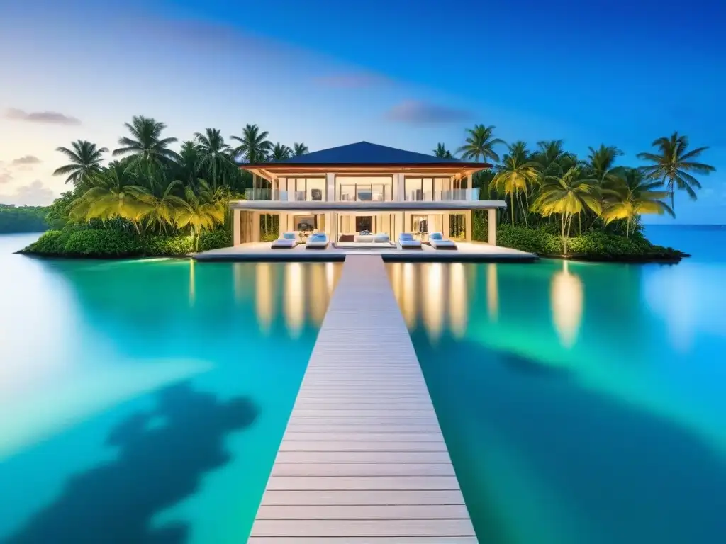 Paraíso exclusivo: villa moderna en isla privada de lujo y sostenibilidad Una isla privada de lujo rodeada de aguas turquesa, con una villa moderna y ventanales panorámicos