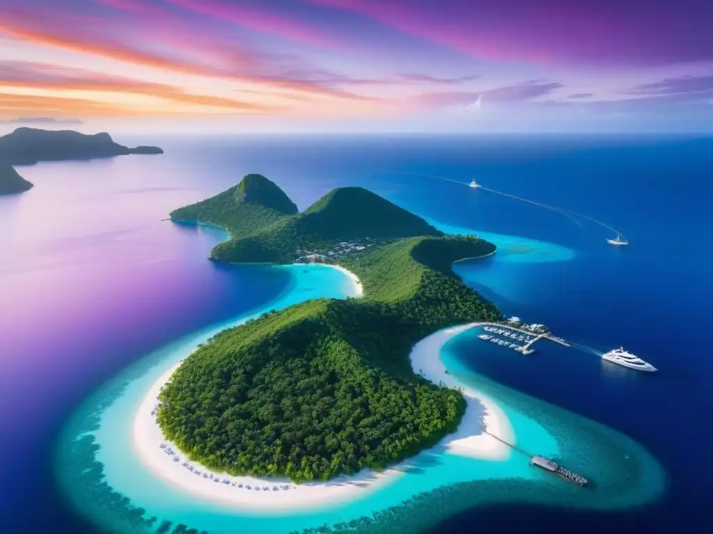 Paraíso privado: isla de ensueño con aguas turquesa y atardecer vibrante Comprar isla privada en mercado inmobiliario: paraíso con aguas cristalinas, playas blancas, villas lujosas y atardecer vibrante